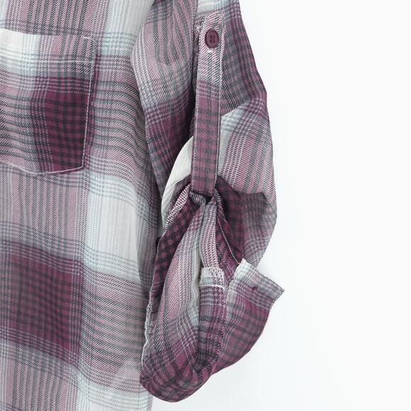 Band of Gypsies Boho Sheer Purple Plaid Tunic Blouse Roll Tab Sleeve Pocket M - Picture 9 of 10